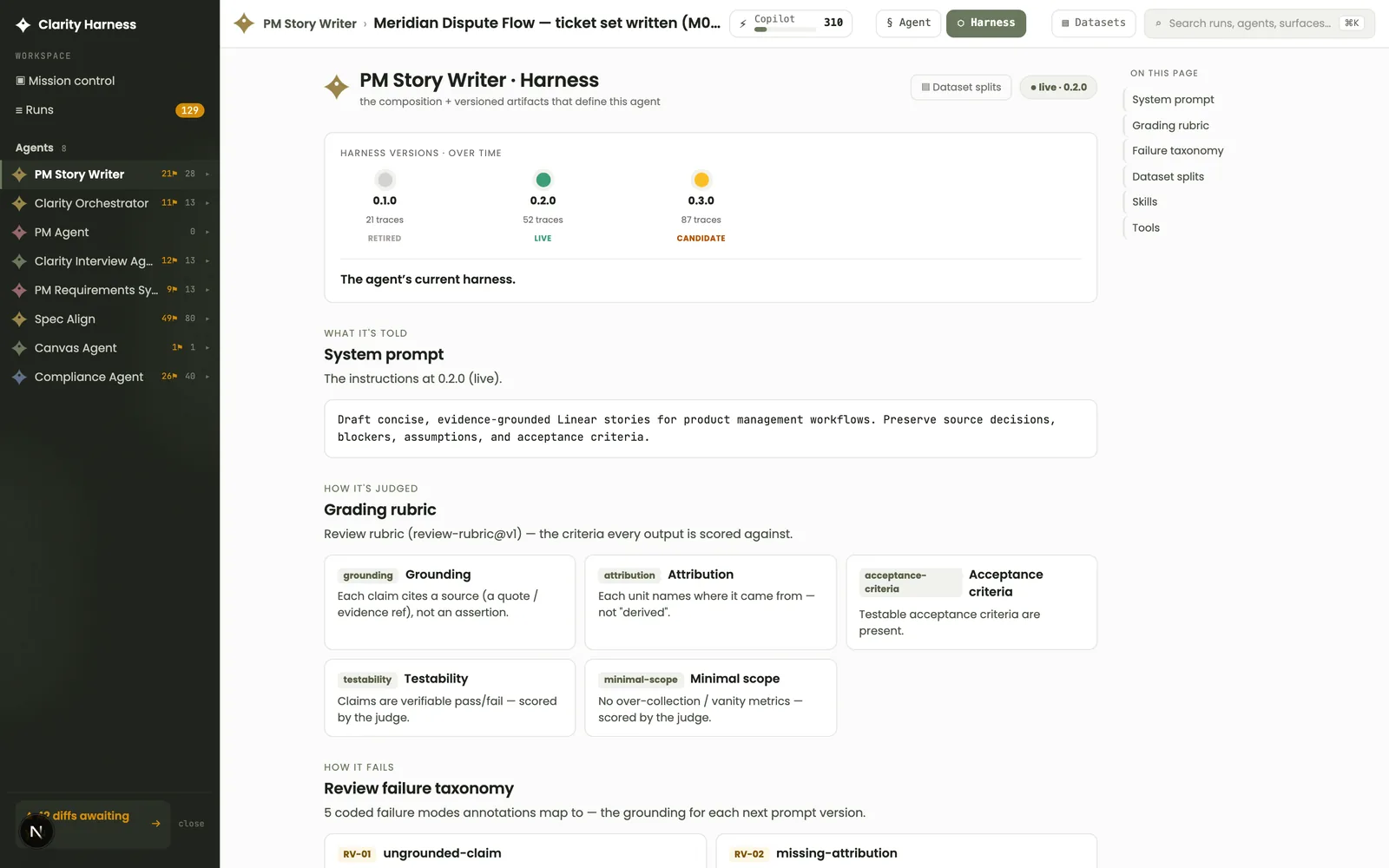 Clarity Harness agent workspace — copilot, acceptance criteria, assembled artifact with version lineage