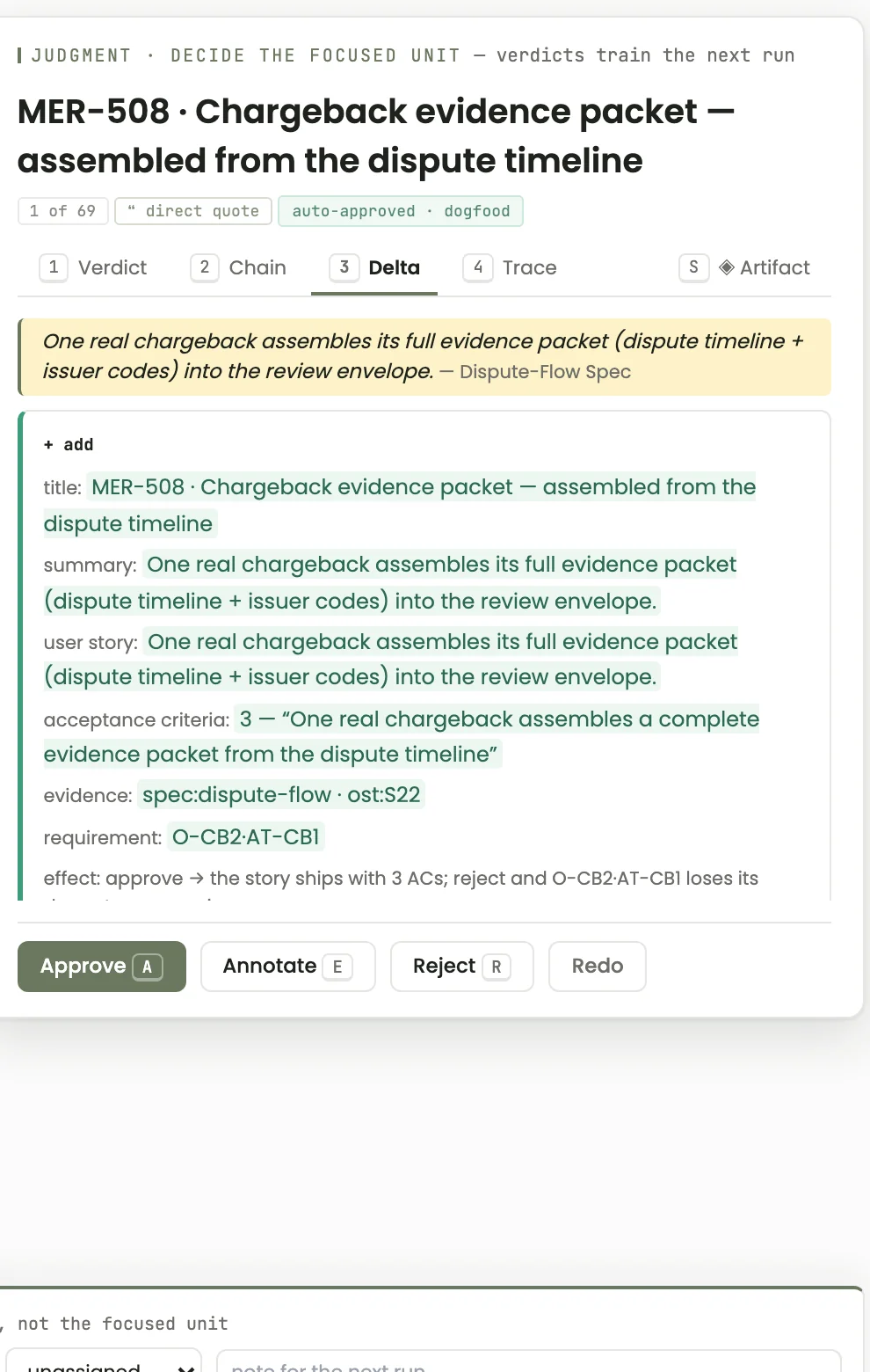 The harness delta view — an artifact version diff with additions highlighted, ready to approve or annotate