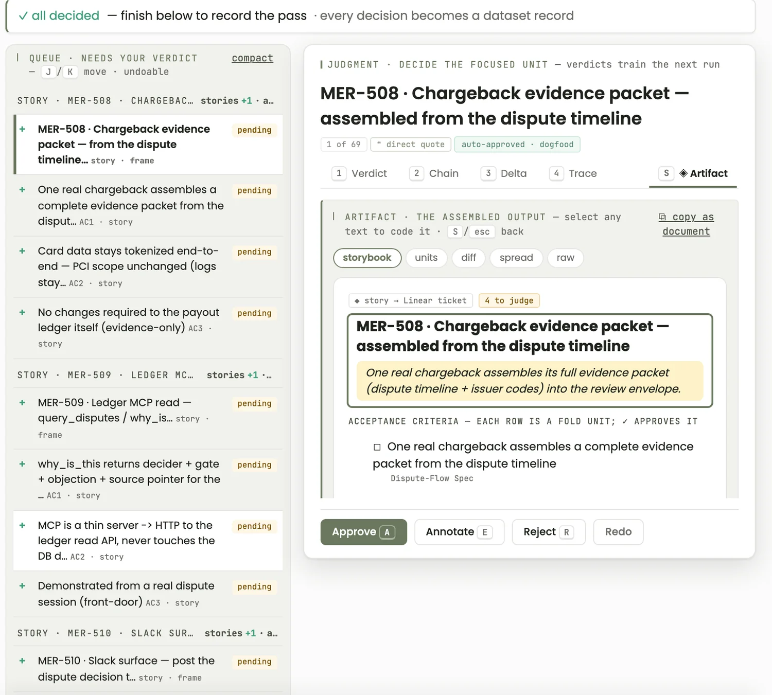 The harness judgment view — verdict queue and one-keystroke decisions on a chargeback story